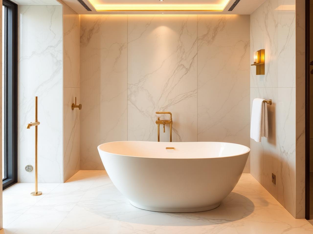 Illustration d'ambiance : salle de bains minérale haut de gamme avec baignoire îlot