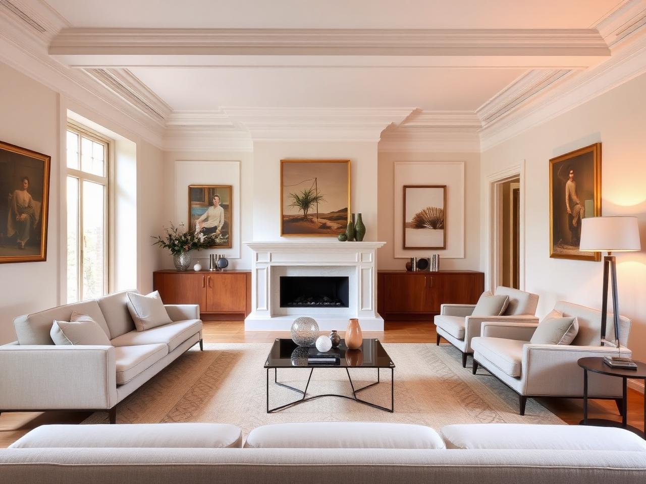 Séjour d'appartement ancien rénové à Bordeaux avec moulures et parquet (image d'ambiance)
